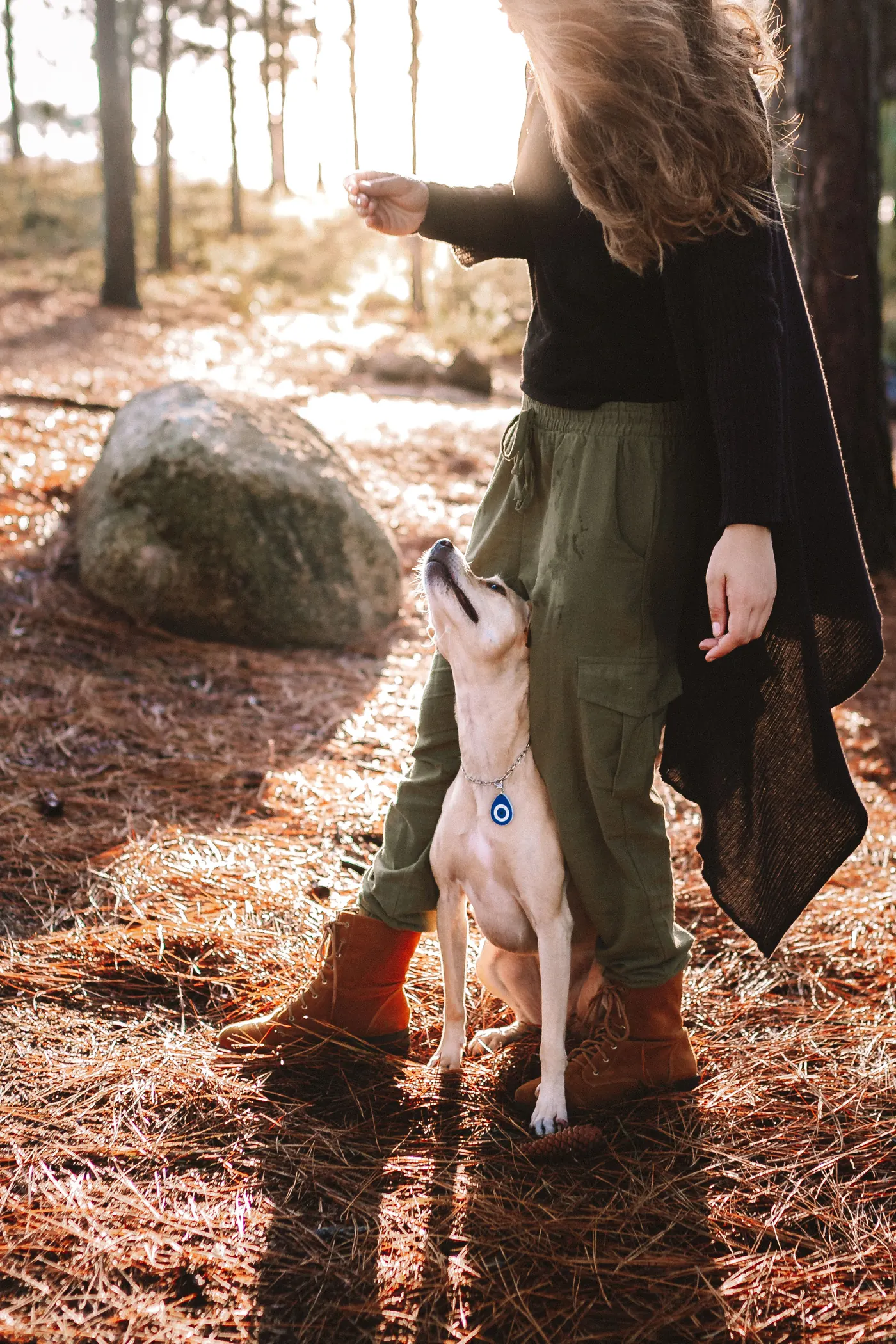 Vitória no bosque, com uma cachorra olhando para ela
